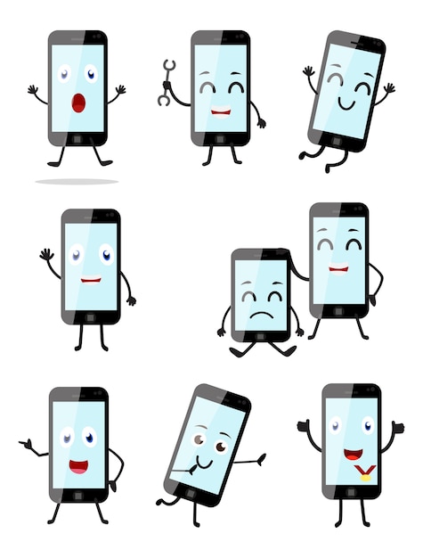 Vetor desenhos animados de smartphone com pose diferente