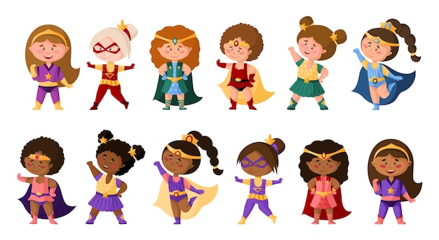 Desenhos animados de super-heróis em super fantasias, personagens femininas afro-americanas fofas clipart isolada em fundo branco, meninas de quadrinhos de super-heróis, conjunto de ilustração infantil