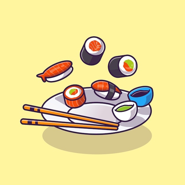 Vetor desenhos animados de sushi com pauzinho e shoyu na placa