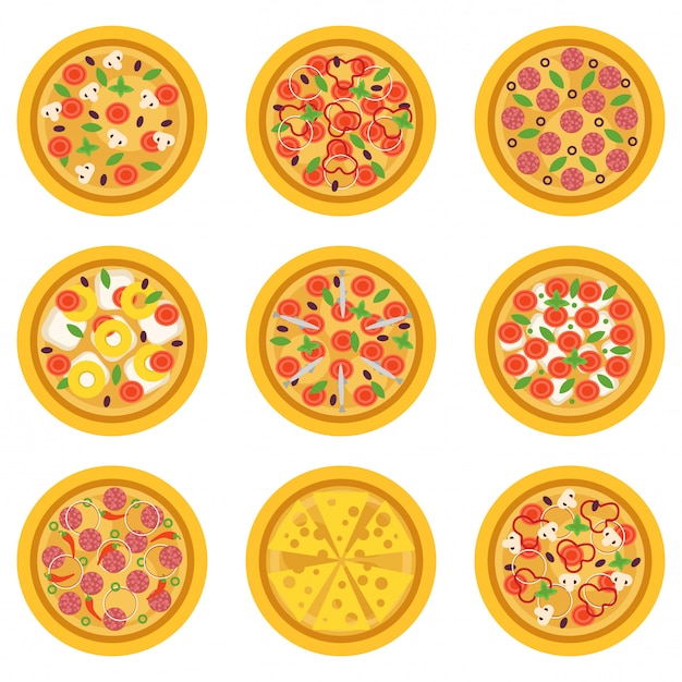Desenhos animados deliciosas pizzas com ingredientes diferentes. Prato italiano tradicional ou conceito de fast-food. Apartamento para menu de pizzaria, cartaz, café, pizzaria