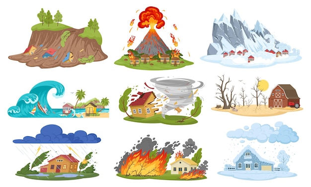 Desenhos animados, desastres naturais, furacões, inundações e incêndios florestais, conjunto de ilustração vetorial plana