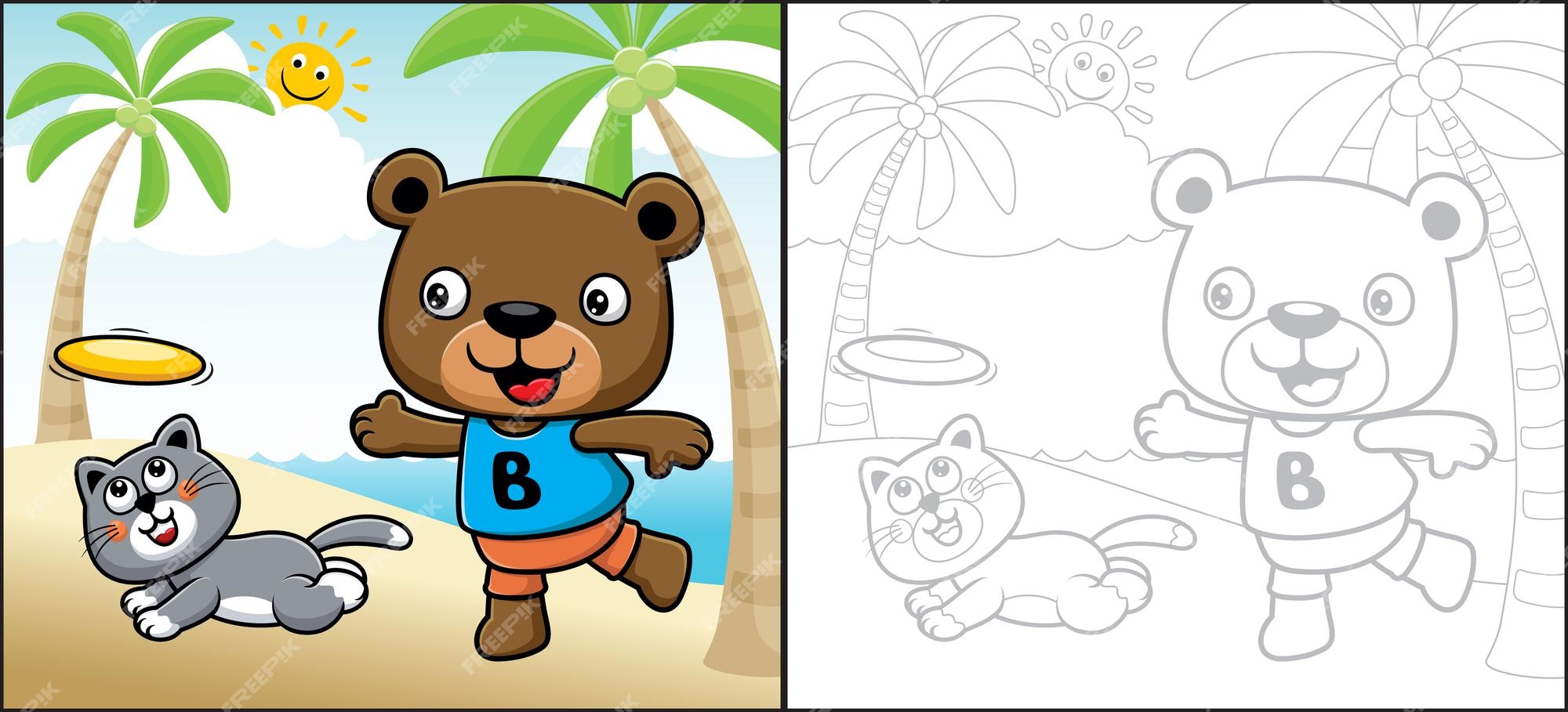 Desenhos animados do disco voador do jogo do urso com o gato na praia.  livro ou página para colorir