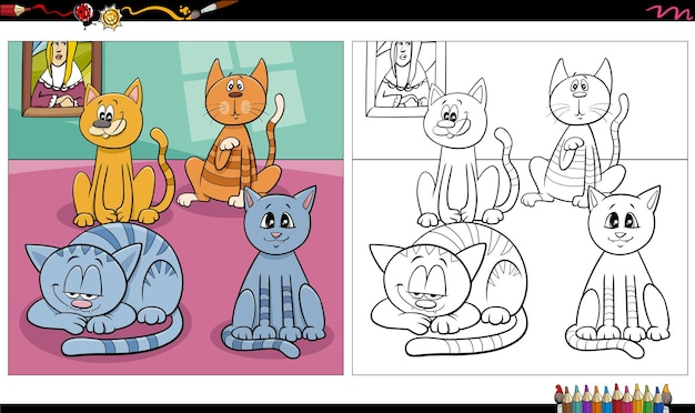 Desenhos animados do grupo de gatos e gatinhos para colorir página