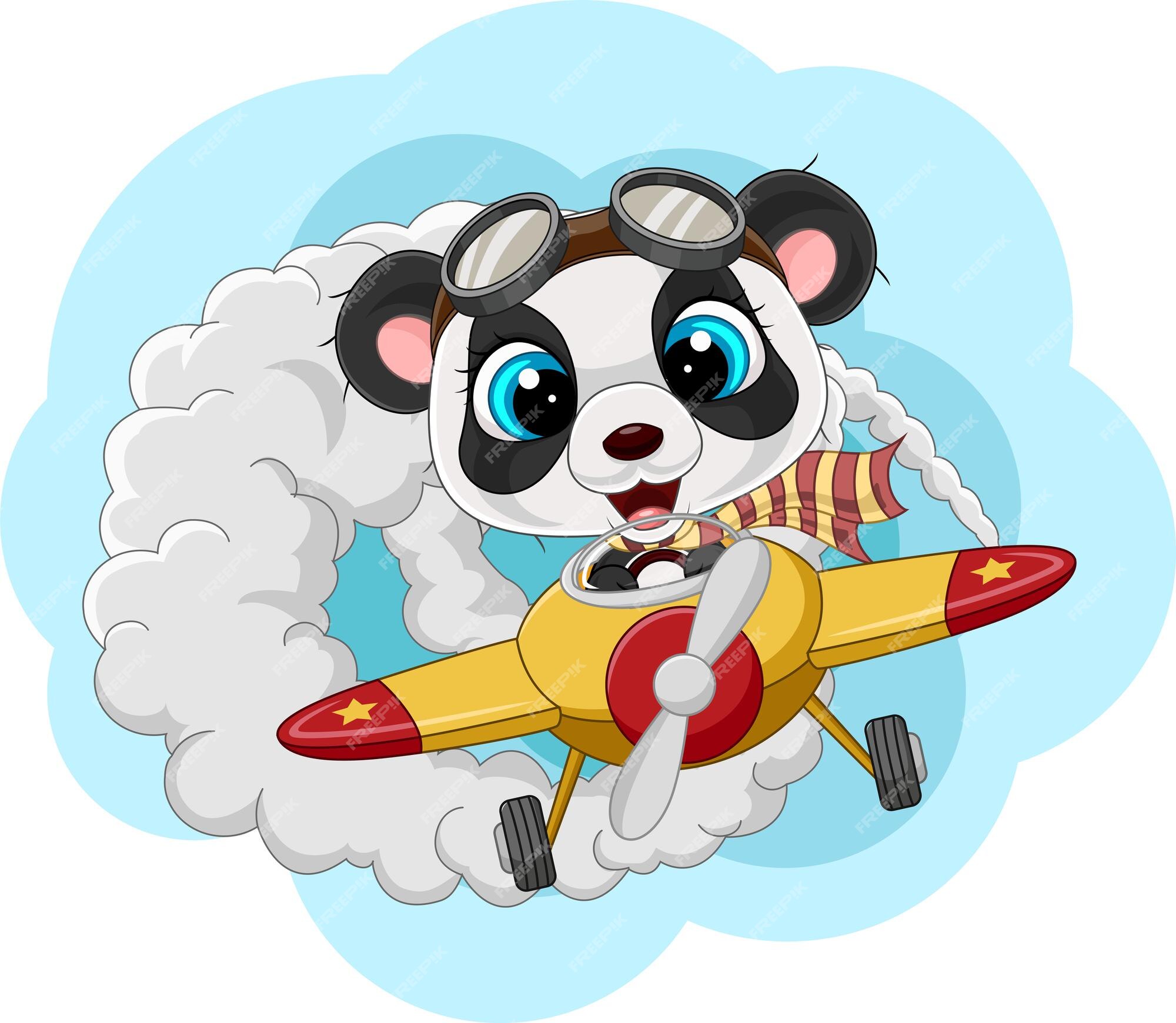 Desenhos animados do pequeno panda operando um avião