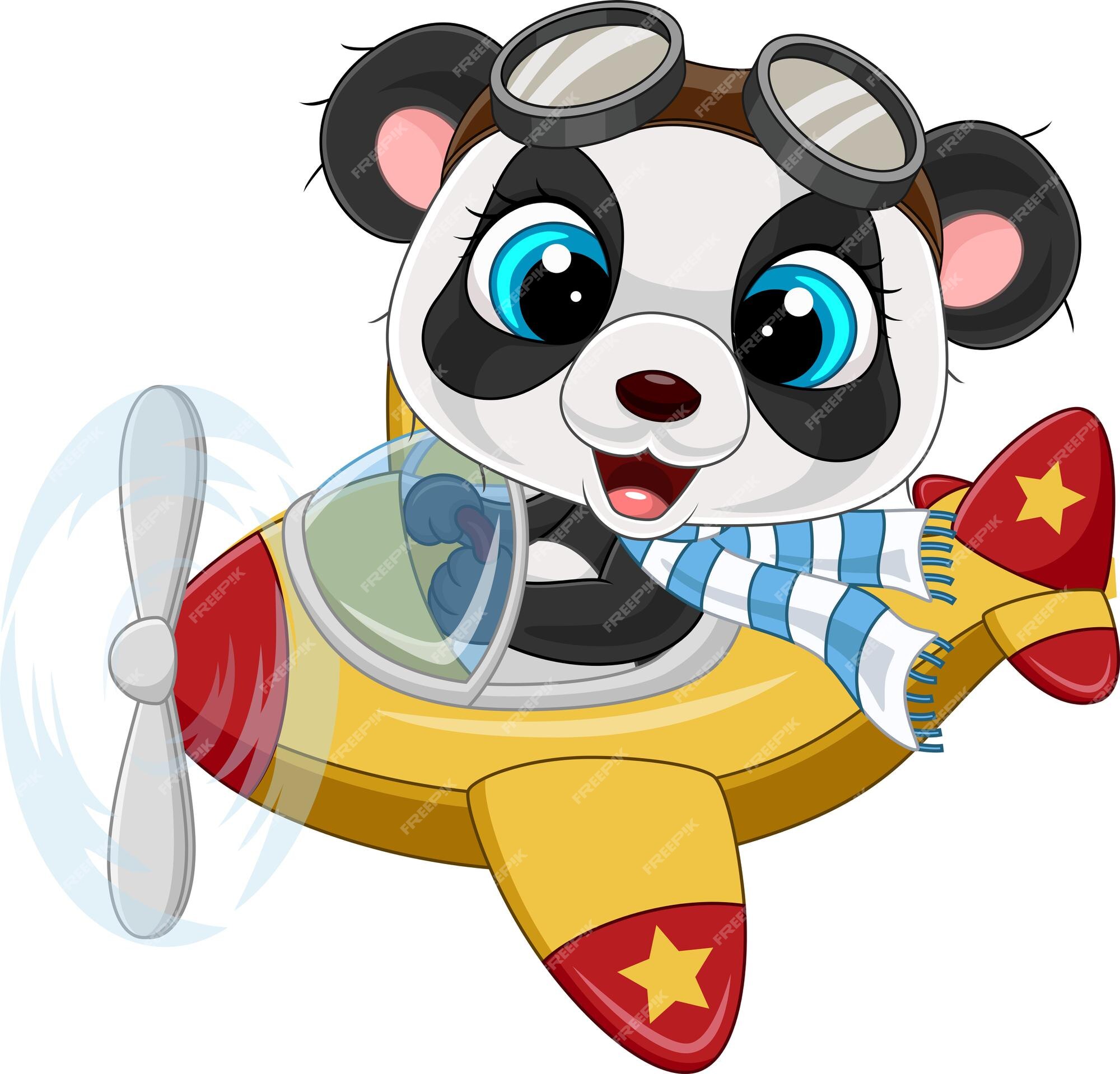 Desenhos animados do pequeno panda operando um avião