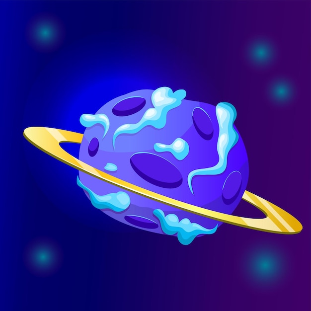 Desenhos animados do planeta de fantasia com cratera e nuvem do céu Planeta redondo mágico azul com anéis Ilustração vetorial dos desenhos animados Design de interface do usuário