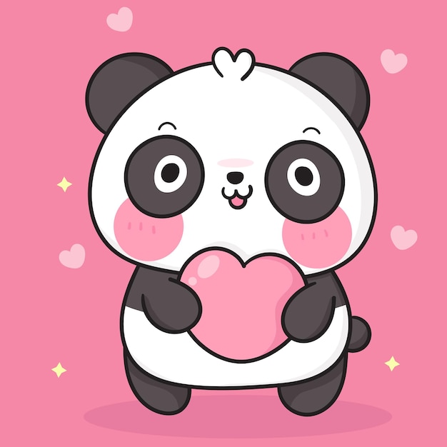 Desenhos animados do urso panda fofinho abraçando o animal kawaii com um  coração pequeno