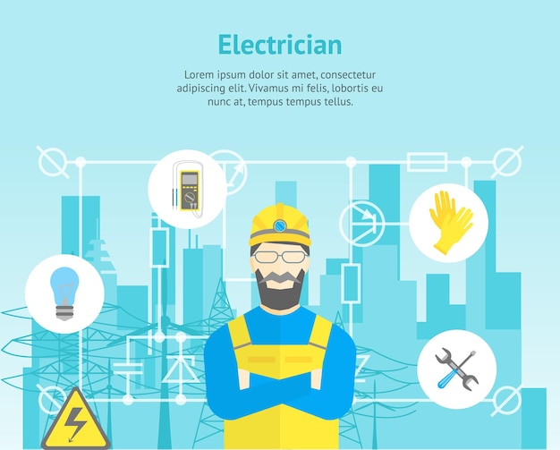 Vetor desenhos animados eletricista profissional trabalhador homem e cartaz de cartão de serviço elétrico vetor