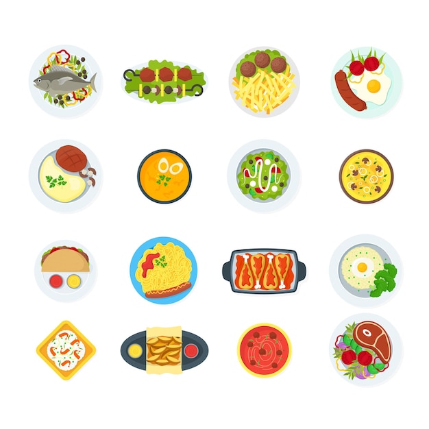 Desenhos animados em casa cozinhar alimentos saudáveis pratos conjunto de menu vector
