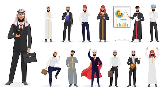 Vetor desenhos animados empresário muçulmano árabe masculino conjunto de caracteres em pé em posições diferentes.