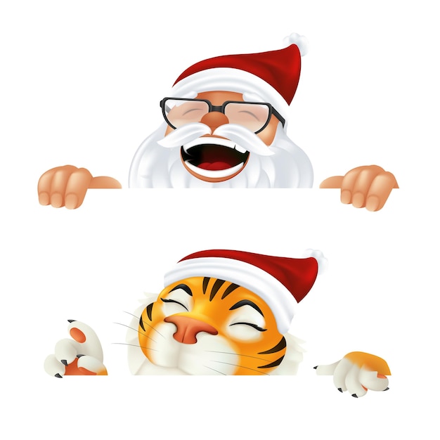 Vetor desenhos animados engraçados de papai noel e tigre - símbolo do ano pelo calendário chinês. personagens de natal rindo e sorrindo espiando por trás do canto horizontal ou de uma placa isolada no fundo branco