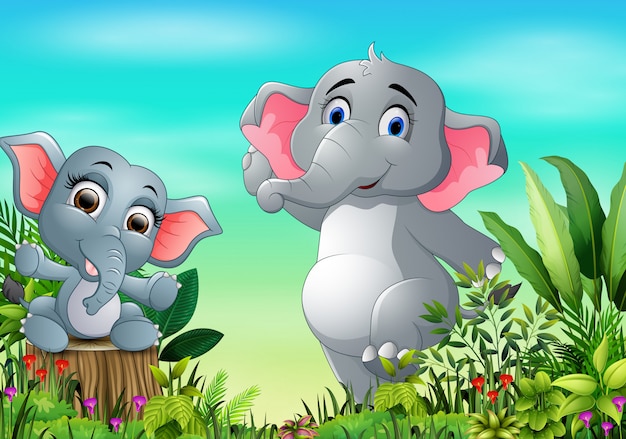 Desenhos animados feliz mãe e bebê elefante no parque