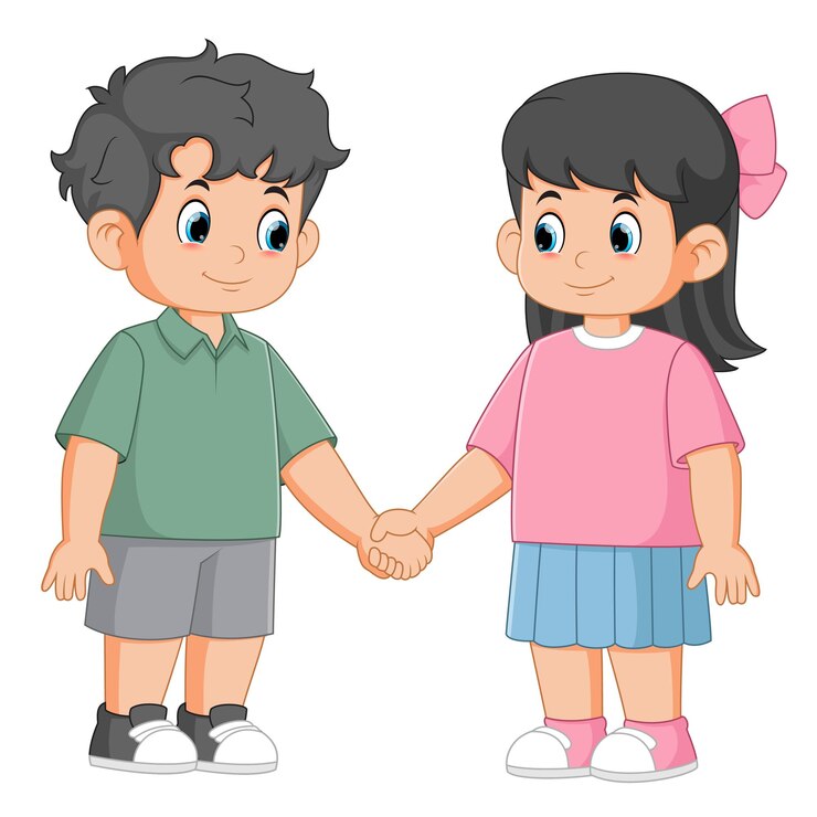 Vetor desenhos animados feliz menino e menina de mãos dadas