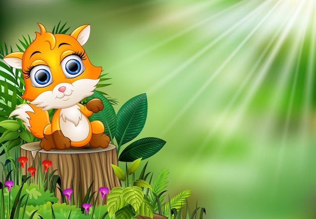 Vetor desenhos animados feliz raposa bebê sentado no tronco de árvore com plantas verdes