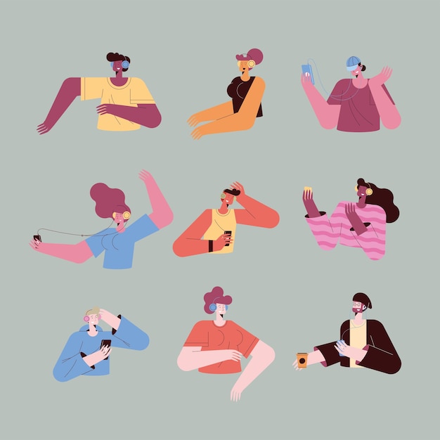 Desenhos animados femininos e masculinos ouvindo coleção de ícones de música
