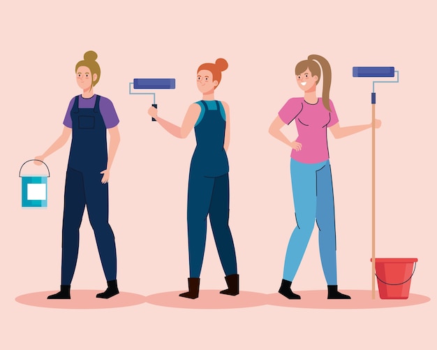 Desenhos animados femininos pintando com rolos e baldes. Projeto de remodelação, construção, trabalho e reparo, tema