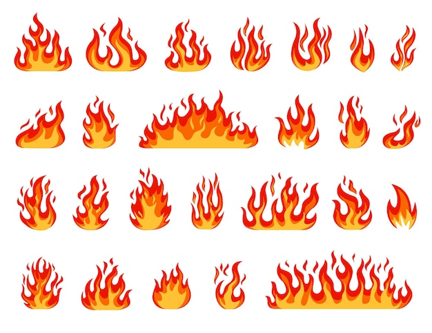 Desenhos animados fogueira com chamas, bolas de fogo, velas acesas ou tocha, conjunto de vetores de fogo ardente
