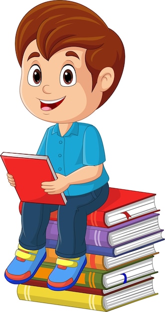 Vetor desenhos animados garotinho sentado e segurando um livro em uma pilha de livros