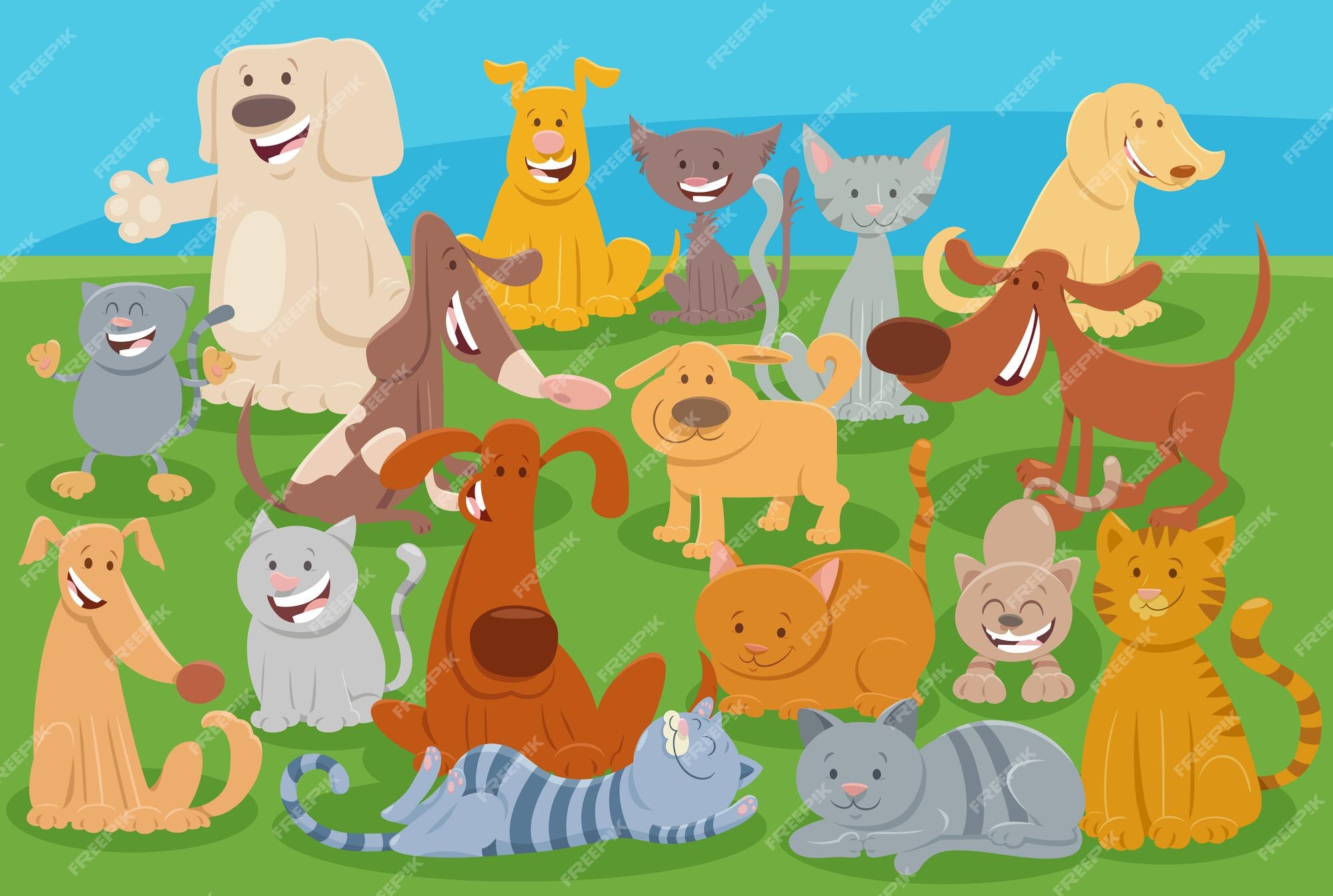 Desenhos Animados Ilustração Cães Gatos Quadrinhos Engraçado Grupo  Personagens Animais imagem vetorial de PantherMediaSeller© 505292224