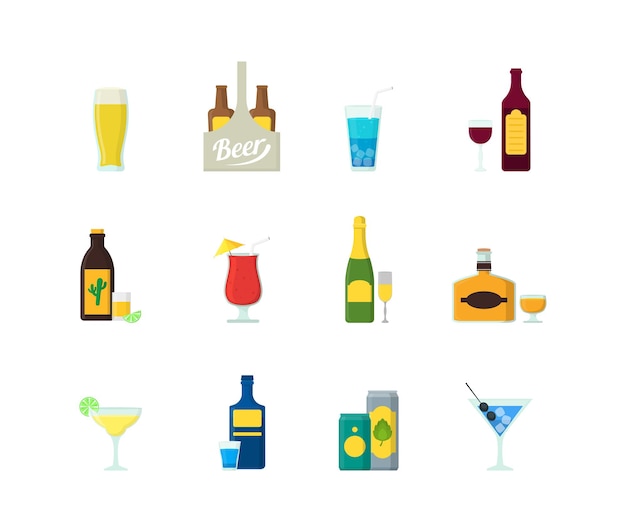 Desenhos animados ícones de cores de bebidas alcoólicas definido para bar e restaurante design de estilo simples. ilustração vetorial