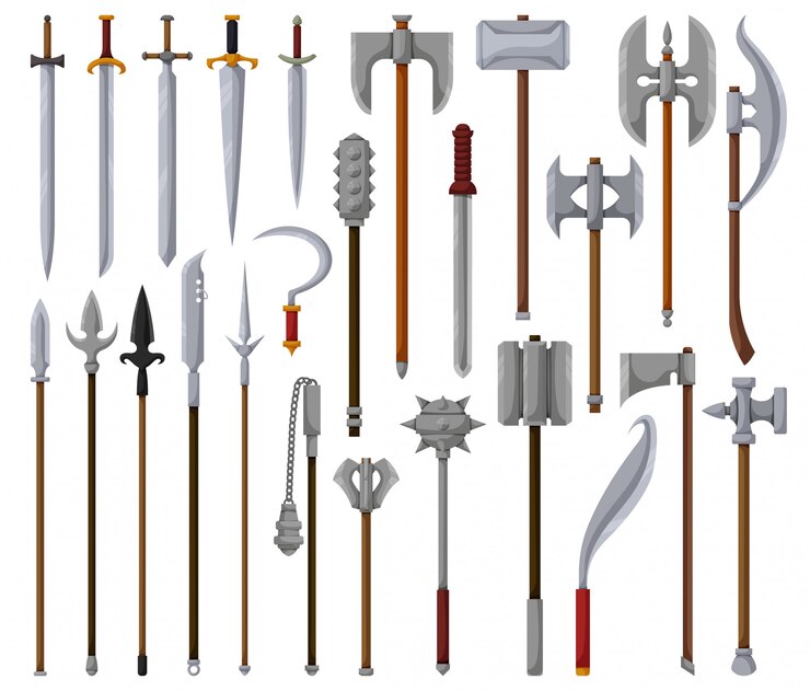 Vetor desenhos animados isolados arma medieval definir ícone. desenhos animados definir ícone espada cavaleiro.