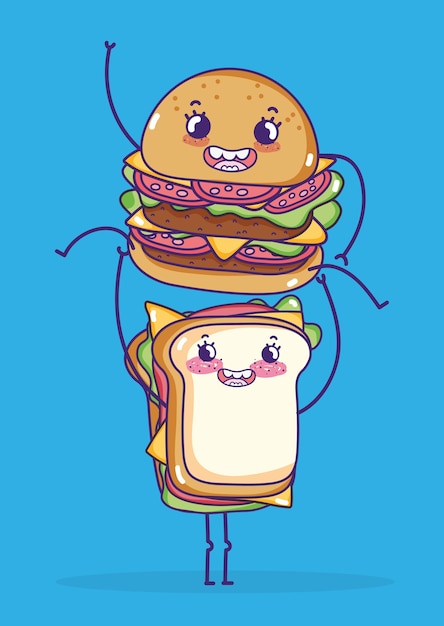 Vetor desenhos animados kawaii de sanduíche e hambúrguer