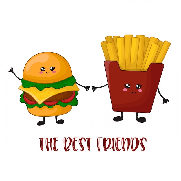 Vetor desenhos animados kawaii fast food - hambúrguer e batatas fritas