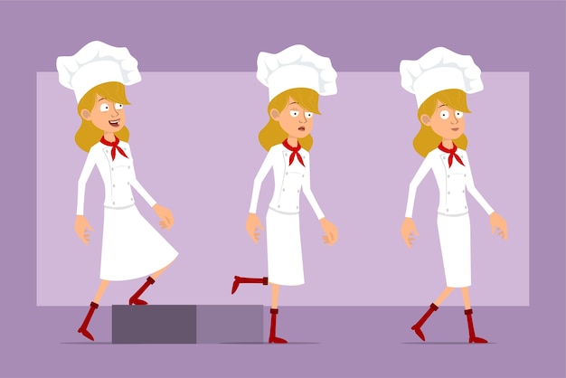 Desenhos animados liso engraçado chef cozinheiro personagem de mulher de uniforme branco e chapéu de padeiro. garota cansada de sucesso caminhando para seu objetivo.