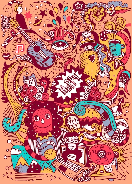 Desenhos animados mão desenhada doodles Modelo de cartaz de férias. Muito detalhado, com muita ilustração de objetos. Arte engraçada. Projeto de identidade corporativa.