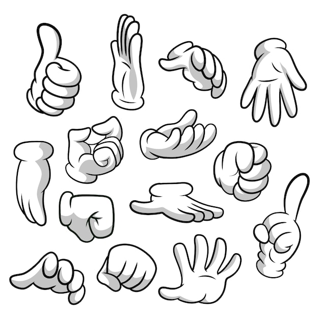 Desenhos animados mãos com luvas ícone conjunto isolado no fundo branco. clipart - partes do corpo, braços em luvas brancas. coleção de gesto de mão.