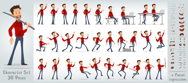 Desenhos animados menino louco plana personagem grande conjunto