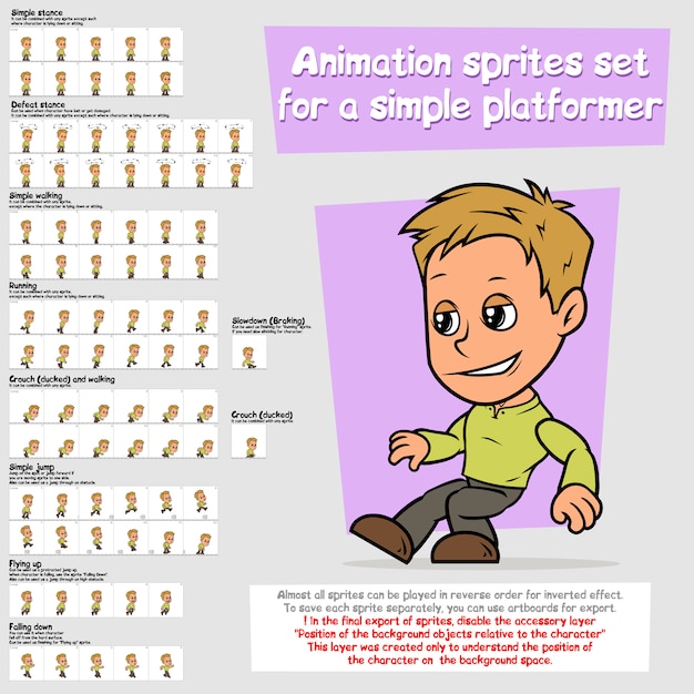 Desenhos animados menino platformer animação sprites conjunto de folhas