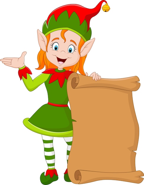 Desenhos animados natal elf garota segurando o pergaminho de papel velho
