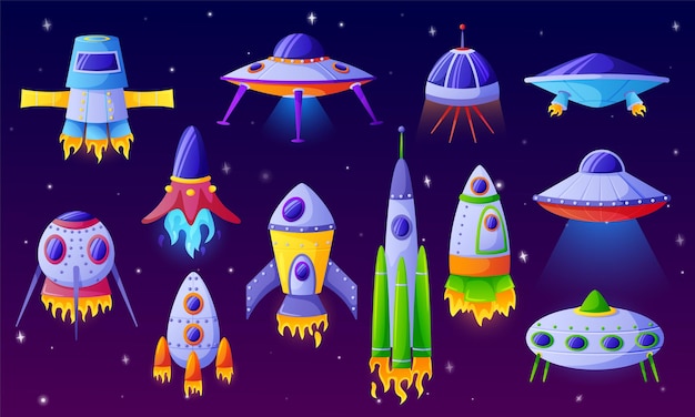 Desenhos animados nave alienígena fantasia nave espacial ufo futurista ônibus espacial ou aeronave foguetes engraçados