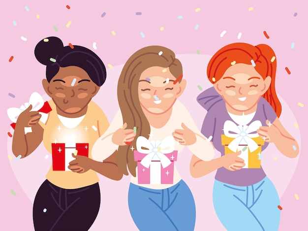 Vetor desenhos animados para meninas abrindo design de presentes, feliz aniversário de festa, decoração de festa festiva e ilustração de tema surpresa