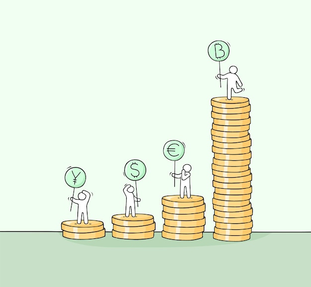Desenhos animados pequenas pessoas com pilha de moedas. doodle a cena em miniatura fofa de trabalhadores sobre moeda. mão-extraídas ilustração vetorial para design de negócios e finanças.