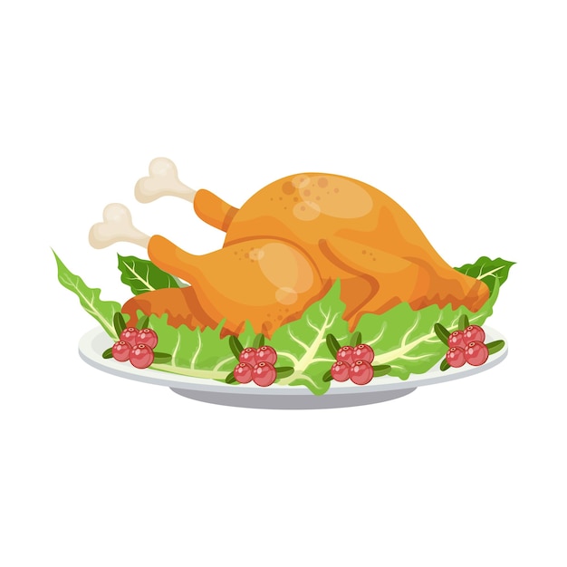 Desenhos animados peru frito tradicional prato de jantar em família do dia de ação de graças com cranberries e folhas de salada decoram ilustração do vetor