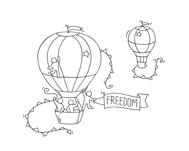 Desenhos animados pessoas pequenas voam no ar. doodle cena em miniatura bonito dos trabalhadores com balões de ar