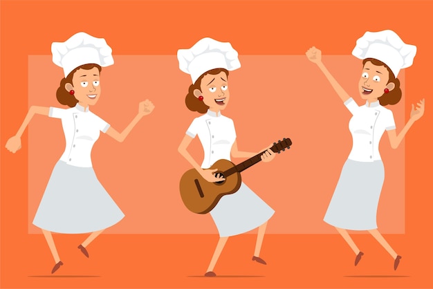 Vetor desenhos animados plana engraçado chef cozinheiro personagem de mulher de uniforme branco e chapéu de padeiro. garota pulando, dançando e tocando rock na guitarra.