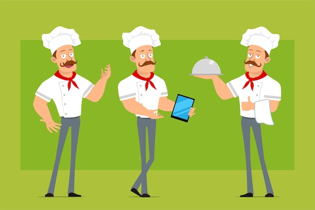 Vetor desenhos animados plana engraçado forte chef cozinheiro personagem de homem de uniforme branco e chapéu de padeiro. menino segurando a bandeja de metal e apresentando novo tablet inteligente.