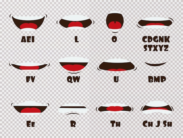 Desenhos animados que falam expressões de boca e lábios, animações de vetor poses isoladas em fundo transparente