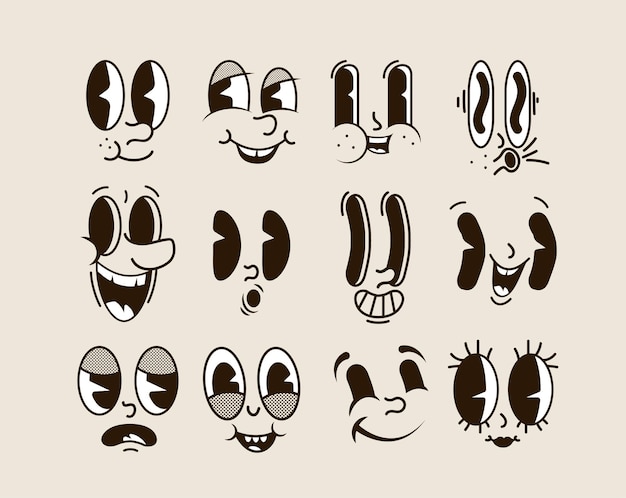 Desenhos animados retrô sorriam rostos cômicos isolados na ilustração vetorial de fundo branco