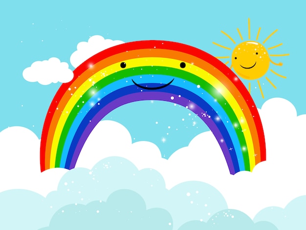 Desenhos animados sorrindo arco-íris no céu