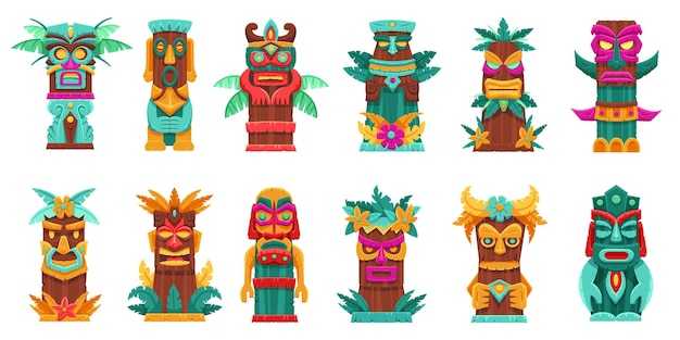 Vetor desenhos animados tiki totem máscara de madeira tropical estátua tribal ilha totens de bambu e esculturas de deuses havaianos isolados conjunto de ilustração vetorial diferentes ídolos rituais careta asteca com folhas