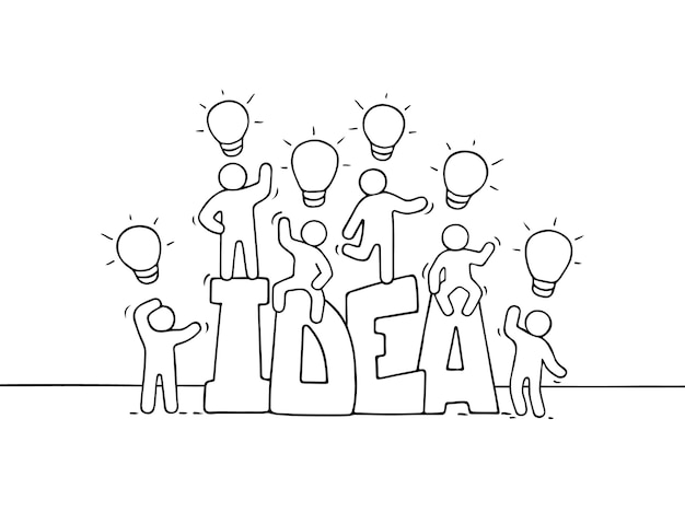 Desenhos animados trabalhando pequenas pessoas com ideias de palavra e lâmpada. Doodle a cena em miniatura fofa dos trabalhadores sobre a criatividade. Mão-extraídas ilustrações para design de negócios.