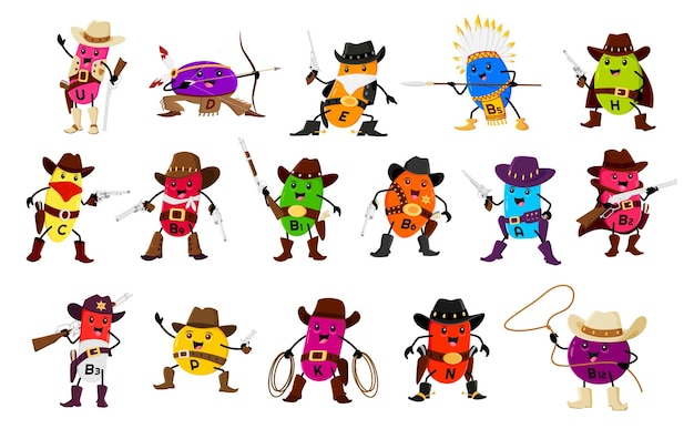 Vetor desenhos animados vitamina ranger cowboy xerife personagens indianos e ladrões vetor crianças mascotes engraçados vitaminas fofas como guarda florestal ocidental vaqueiro chefe indiano ou bandido ladrão com arma de rifle e laço