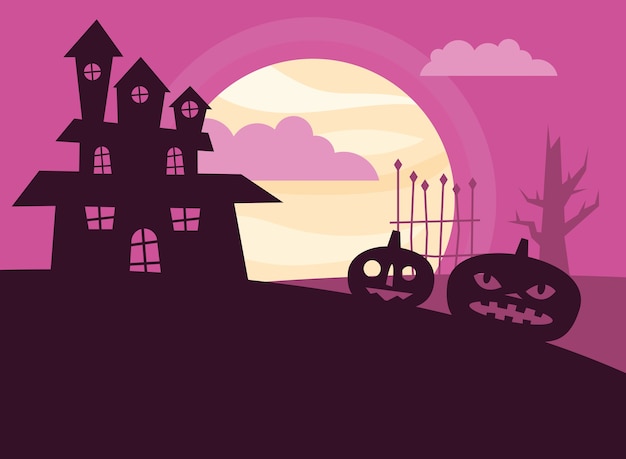 Desenhos de abóboras de halloween e design de casas, tema assustador