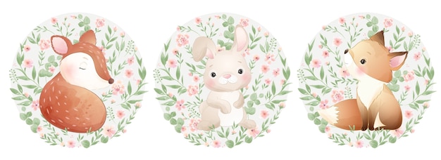 Desenhos de animais fofos com ilustração floral