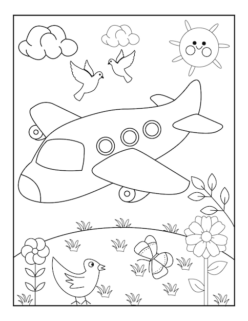 Desenhos de avião para colorir com cenário incrível