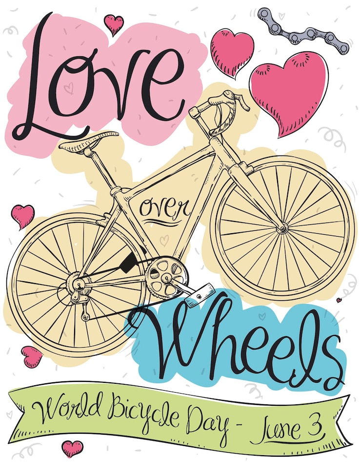 Vetor desenhos de bicicleta e corações para comemorar o dia mundial da bicicleta
